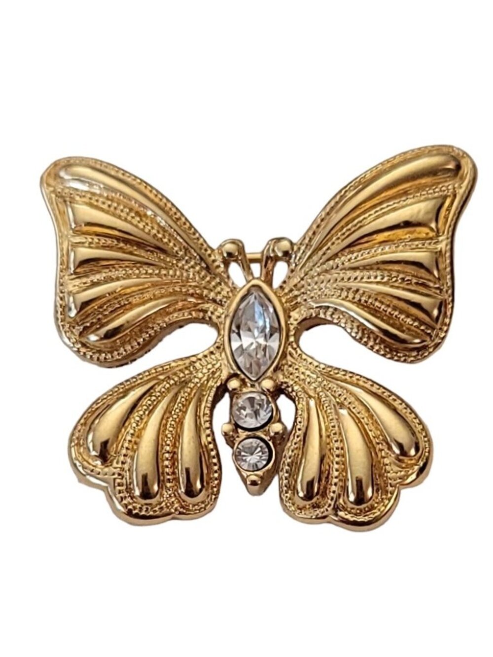 Monet Gold Tone Clear Rhinestone Butterfly Brooch Pin, Signed L21
